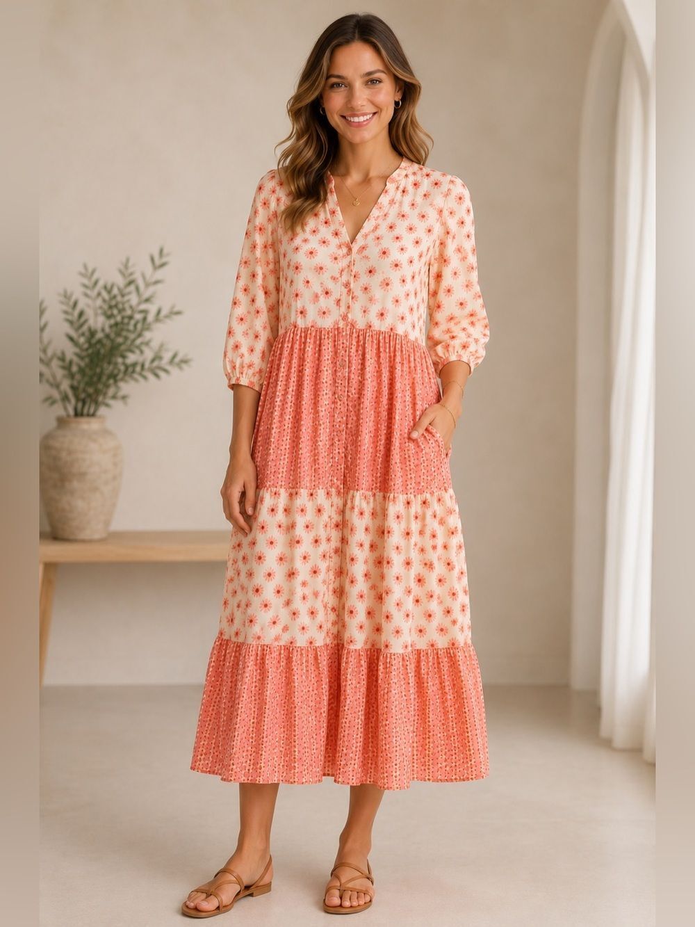 Victoria Dunn Cream & Pink Long Sleeve Dress